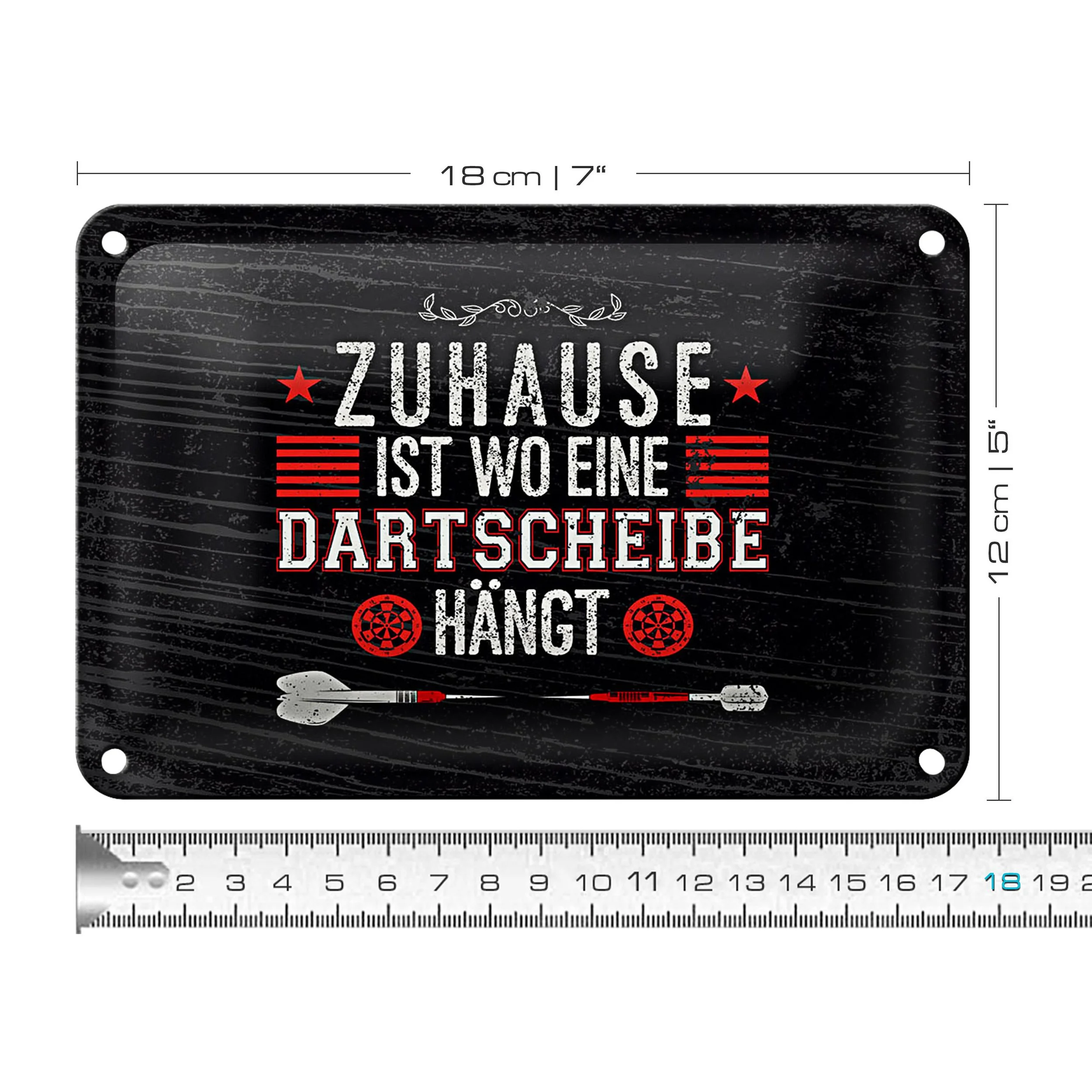 Metallschild „Zuhause ist, wo die Dartscheibe hängt“ – Wanddeko für Dartfans, 18×12 cm